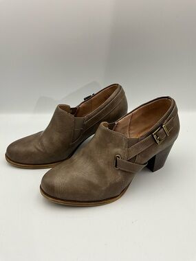 Life Stride Taupe Leather Block Heel Booties with Buckle